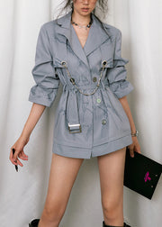 Blue Pockets Tie Waist Cotton Trench Coat Peter Pan Collar