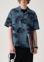 Blue Print Button Cotton Summer Shirt Men Peter Pan Collar