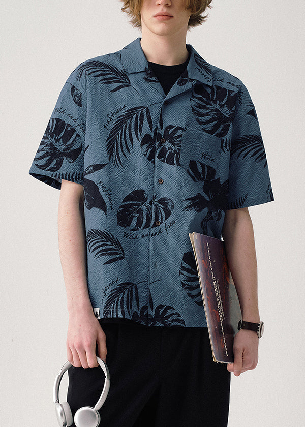 Blue Print Button Cotton Summer Shirt Men Peter Pan Collar