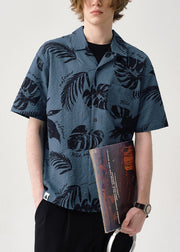 Blue Print Button Cotton Summer Shirt Men Peter Pan Collar