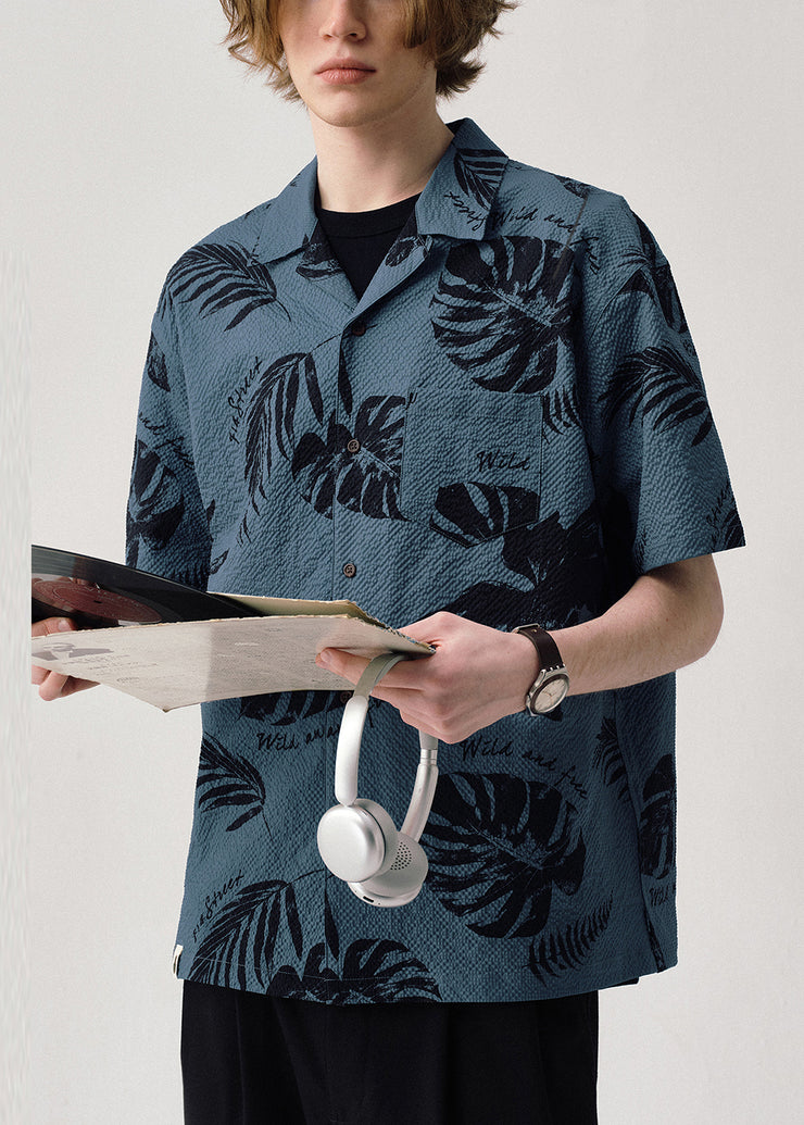 Blue Print Button Cotton Summer Shirt Men Peter Pan Collar