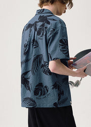Blue Print Button Cotton Summer Shirt Men Peter Pan Collar