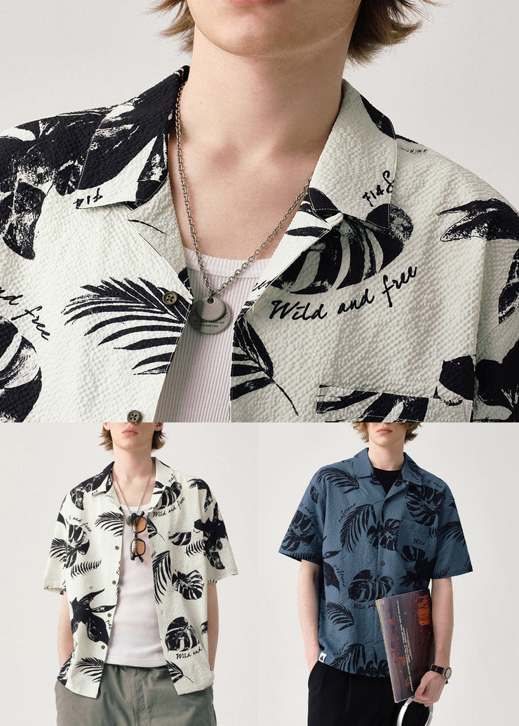 Blue Print Button Cotton Summer Shirt Men Peter Pan Collar