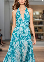 Blue Print Chiffon Halter Sundress Exra Large Hem Summer