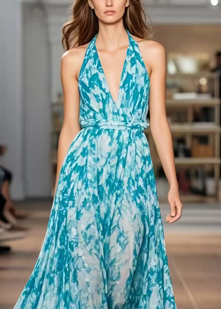 Blue Print Chiffon Halter Sundress Exra Large Hem Summer