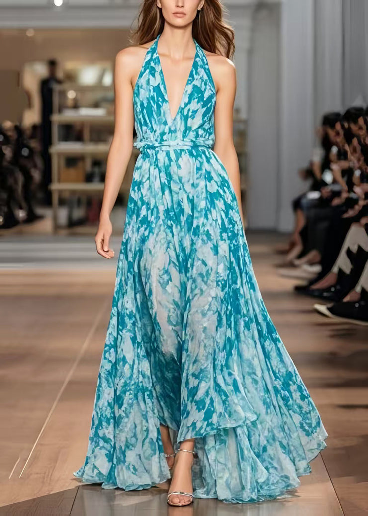 Blue Print Chiffon Halter Sundress Exra Large Hem Summer