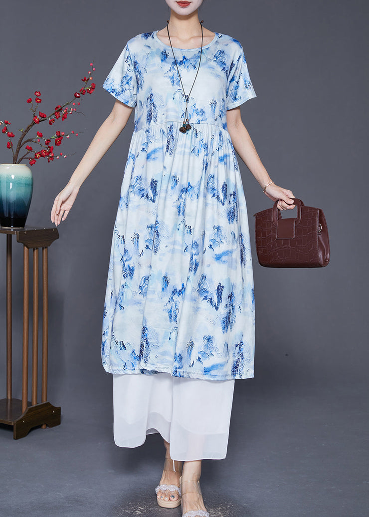 Blue Print Cotton Holiday Dresses Exra Large Hem Summer