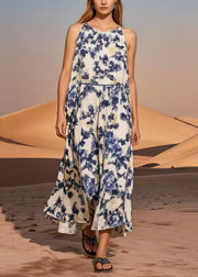 Blue Print Cotton Long Dress Cold Shoulder Summer