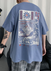 Blue Print Cotton Summer Mens T Shirt O Neck