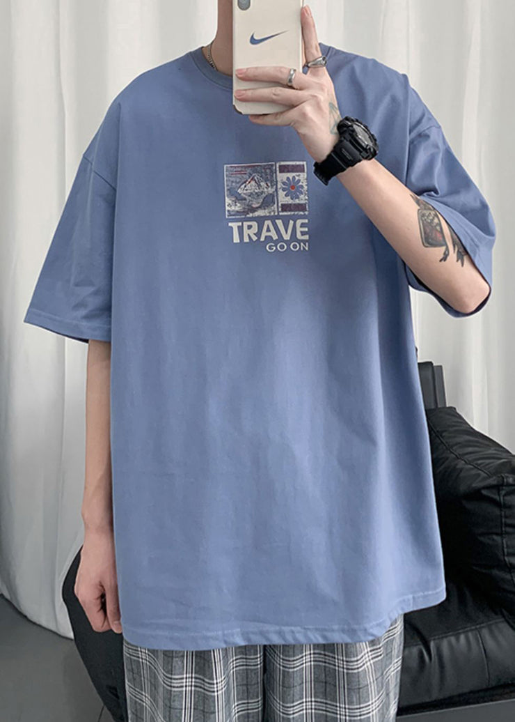 Blue Print Cotton Summer Mens T Shirt O Neck