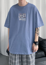 Blue Print Cotton Summer Mens T Shirt O Neck