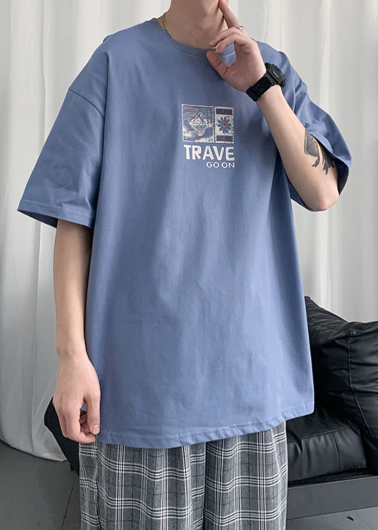 Blue Print Cotton Summer Mens T Shirt O Neck