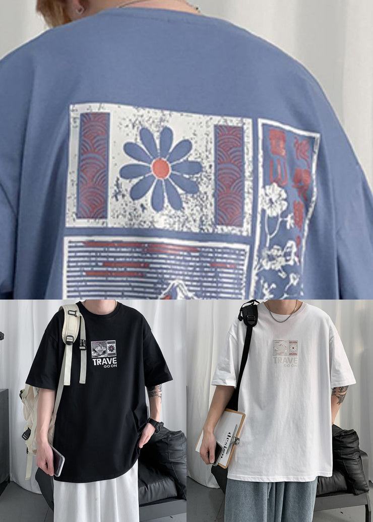 Blue Print Cotton Summer Mens T Shirt O Neck