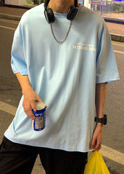 Blue Print Cotton T Shirts Men O Neck Summer
