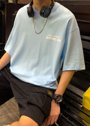 Blue Print Cotton T Shirts Men O Neck Summer