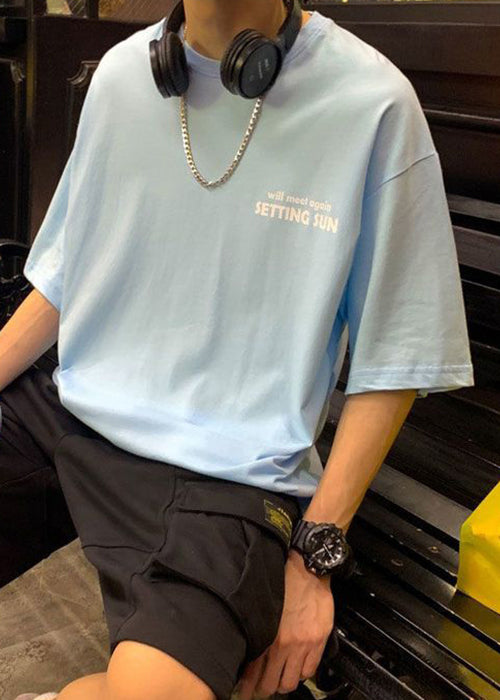 Blue Print Cotton T Shirts Men O Neck Summer