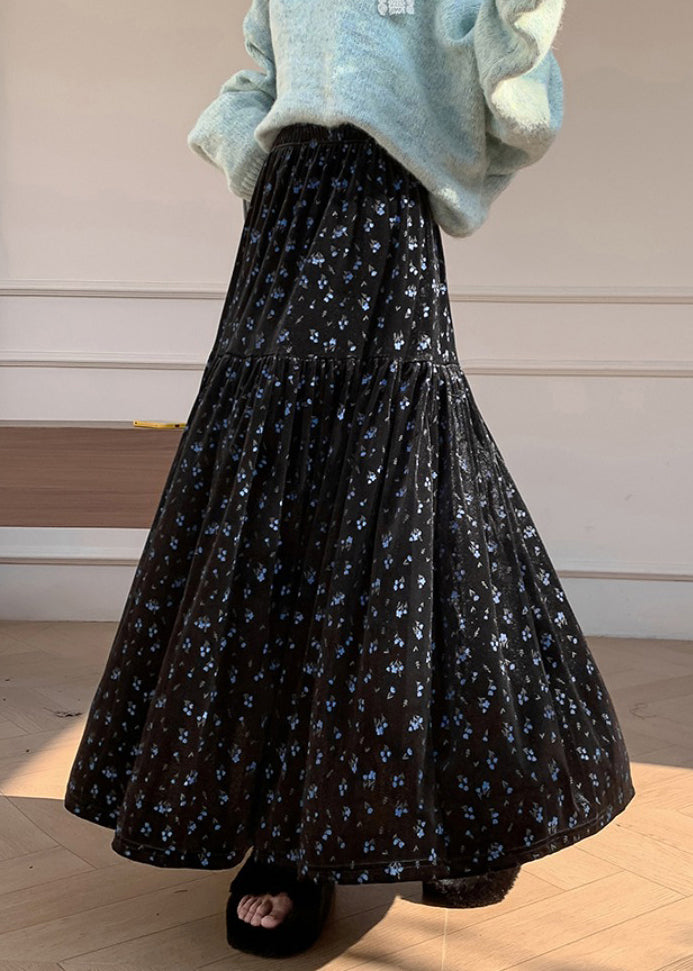 Blue Print Elastic Waist Velvet Winter Skirts Wrinkled