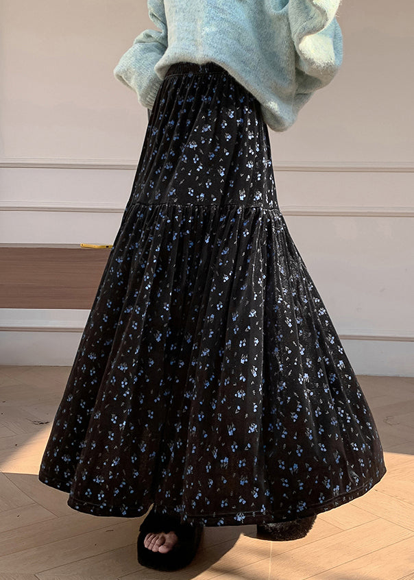 Blue Print Elastic Waist Velvet Winter Skirts Wrinkled