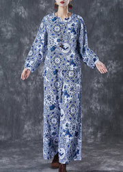 Blue Print Linen Women Sets 2 Pieces O-Neck Fall