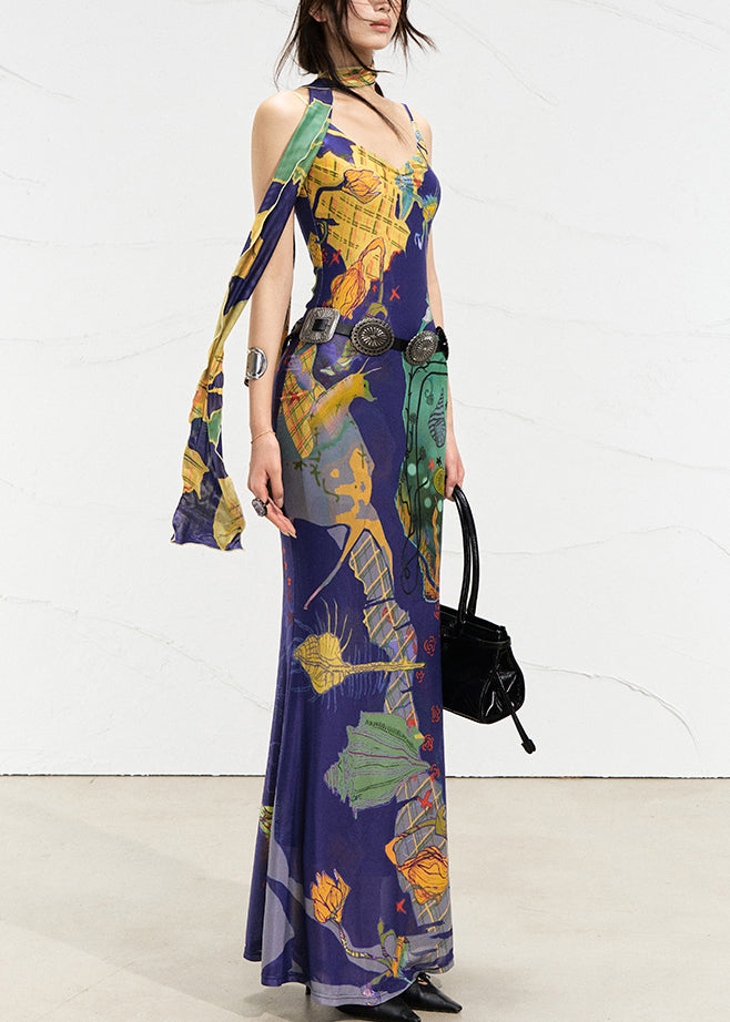 Blue Print Maxi Spaghetti Strap Dresses Summer