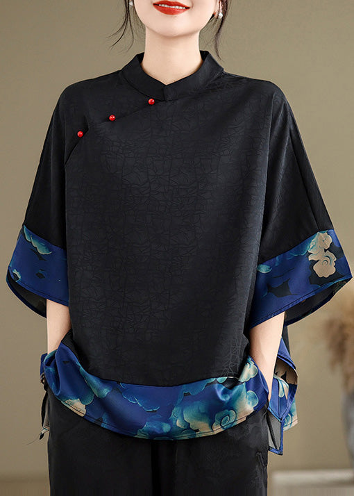 Blue Print Patchwork Silk Chinese Style Tops Oversized Summer