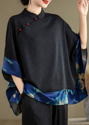 Blue Print Patchwork Silk Chinese Style Tops Oversized Summer