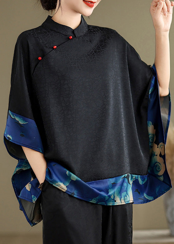 Blue Print Patchwork Silk Chinese Style Tops Oversized Summer