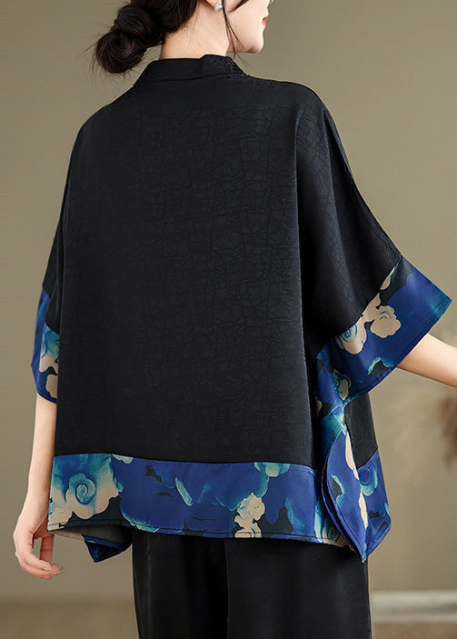 Blue Print Patchwork Silk Chinese Style Tops Oversized Summer