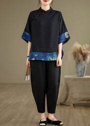 Blue Print Patchwork Silk Chinese Style Tops Oversized Summer