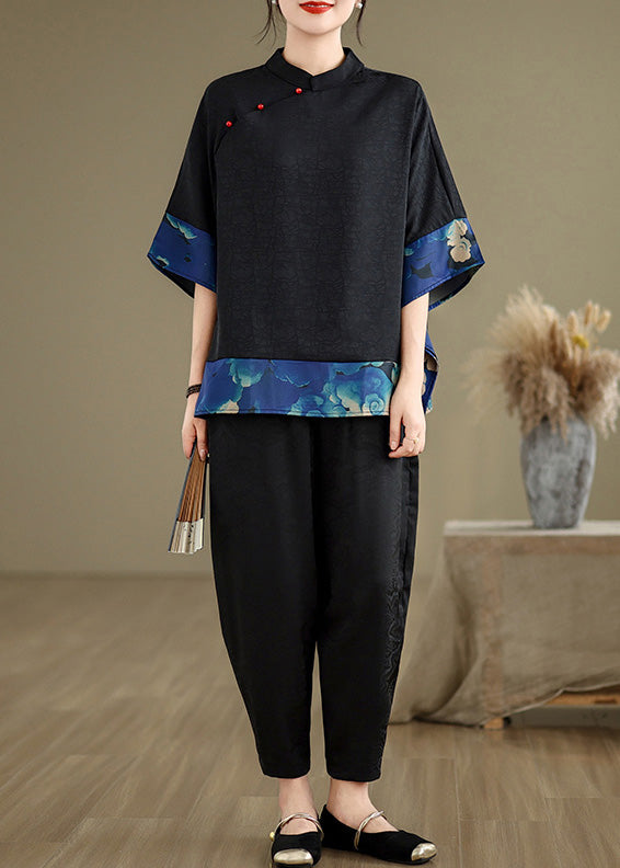 Blue Print Patchwork Silk Chinese Style Tops Oversized Summer