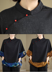 Blue Print Patchwork Silk Chinese Style Tops Oversized Summer