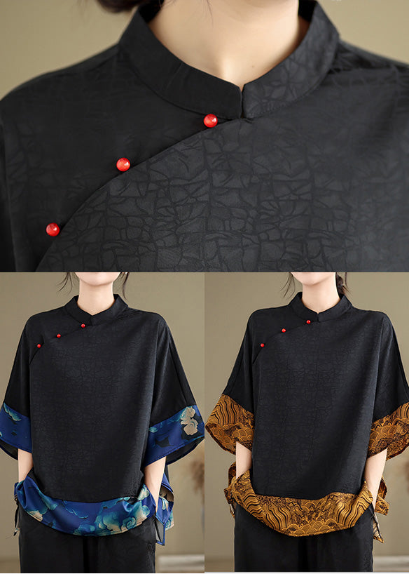 Blue Print Patchwork Silk Chinese Style Tops Oversized Summer
