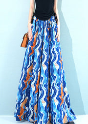 Blue Print Pockets Chiffon Wide Leg Pants Elastic Waist Summer