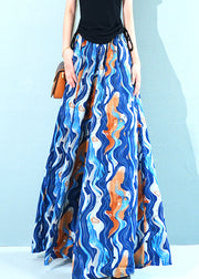 Blue Print Pockets Chiffon Wide Leg Pants Elastic Waist Summer