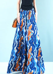 Blue Print Pockets Chiffon Wide Leg Pants Elastic Waist Summer