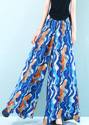 Blue Print Pockets Chiffon Wide Leg Pants Elastic Waist Summer