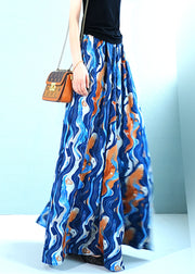 Blue Print Pockets Chiffon Wide Leg Pants Elastic Waist Summer