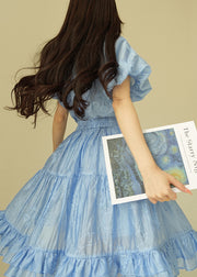 Blue Ruffled Shirts And Skirts Silk Cotton Summer Two Pieces Set Embroidered