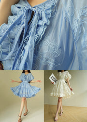 Blue Ruffled Shirts And Skirts Silk Cotton Summer Two Pieces Set Embroidered