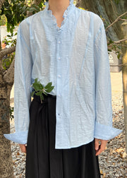 Blue Solid Cotton Fall Men's Shirts Ruffled