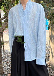 Blue Solid Cotton Fall Men's Shirts Ruffled