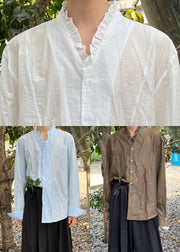Blue Solid Cotton Fall Men's Shirts Ruffled
