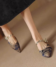 Blue Splicing Slide Sandals Pointed Toe Jacquard Zircon