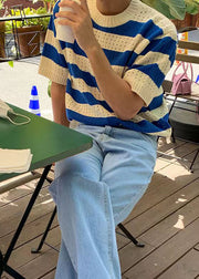 Blue Striped Hollow Out Knit Mens Graphic T Shirts Summer