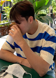 Blue Striped Hollow Out Knit Mens Graphic T Shirts Summer