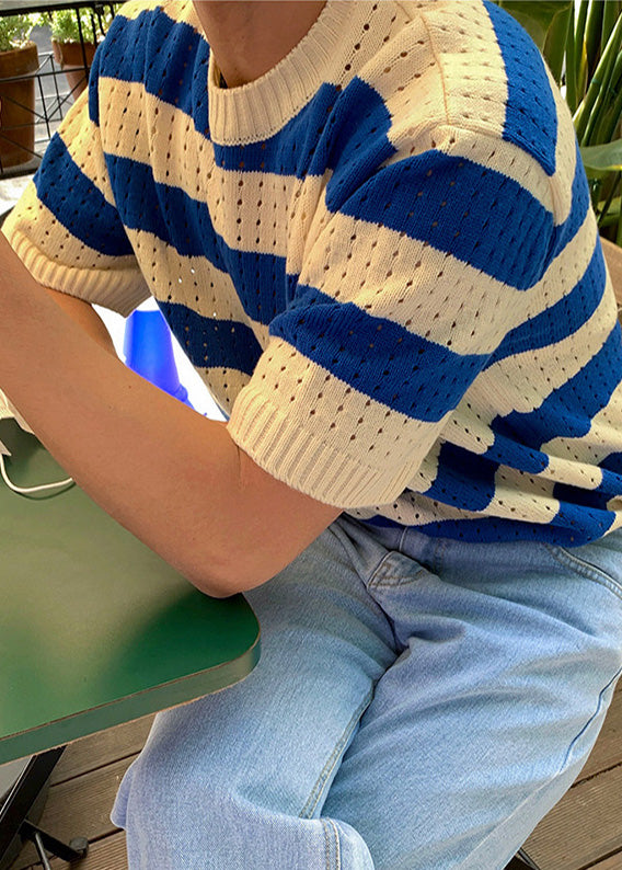 Blue Striped Hollow Out Knit Mens Graphic T Shirts Summer