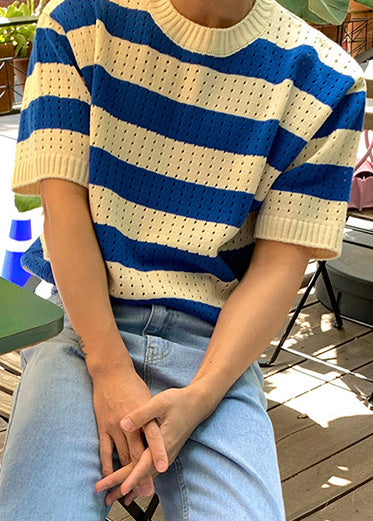 Blue Striped Hollow Out Knit Mens Graphic T Shirts Summer
