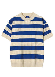 Blue Striped Hollow Out Knit Mens Graphic T Shirts Summer