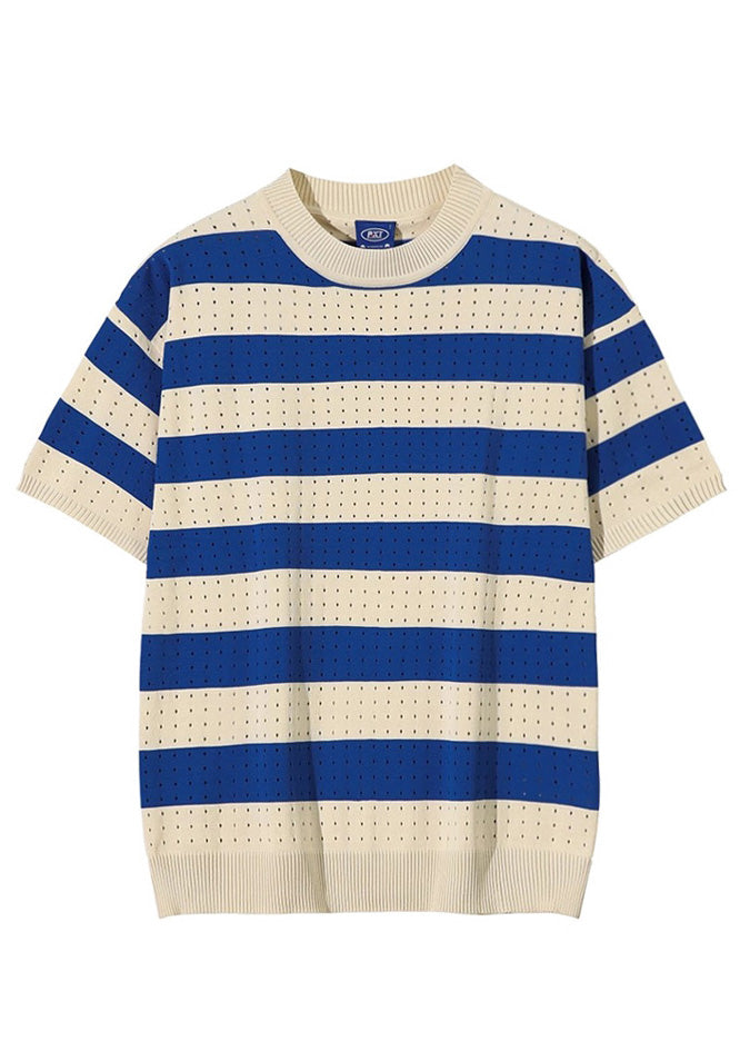 Blue Striped Hollow Out Knit Mens Graphic T Shirts Summer