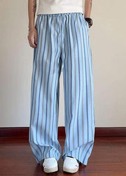 Blue Striped Lace Up Cotton Summer Men Pants Elastic Waist
